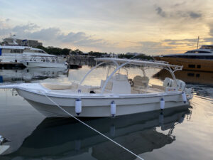 tronqued boat docked on port in dusk view